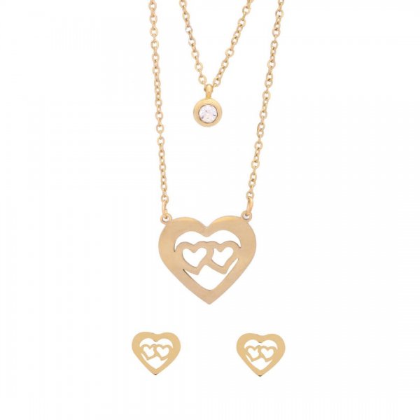 نیم سرویس طرح سه قلب و تک نگین رنگ طلایی