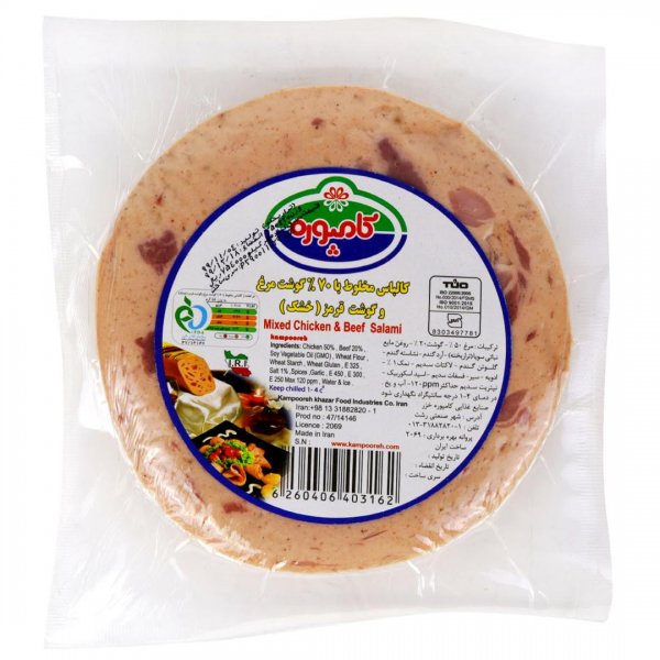کالباس خشک مخلوط گوشت قرمز و مرغ با 70 درصد گوشت قرمز و مرغ کامپوره مقدار 350 گرم