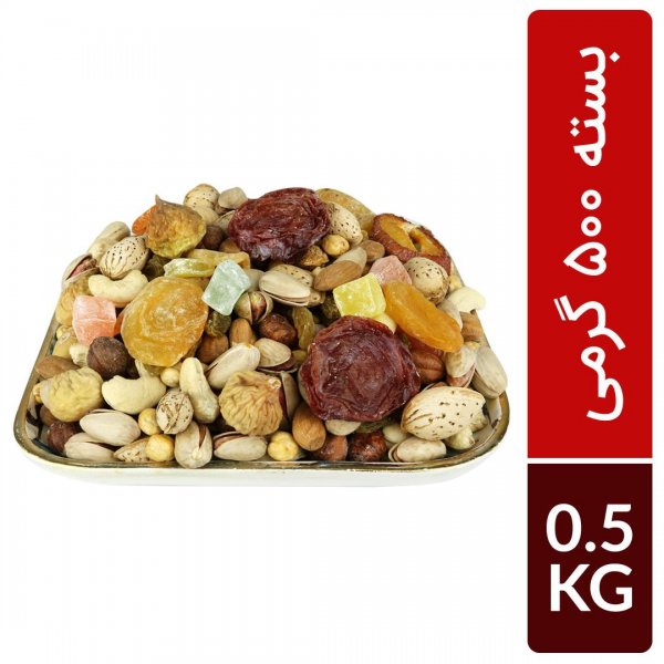 آجیل یلدا درجه یک مقدار 500 گرم (شامل پسته، مغز فندق، بادام هندی،، بادام منقا، مغز بادام ایرانی، برگه آلو مجلسی، انجیر، برگه زردآلو، لوکوم آردی، نخود و کشمش)